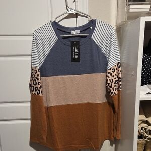 Striped and Leopard Print Long Sleeve Top